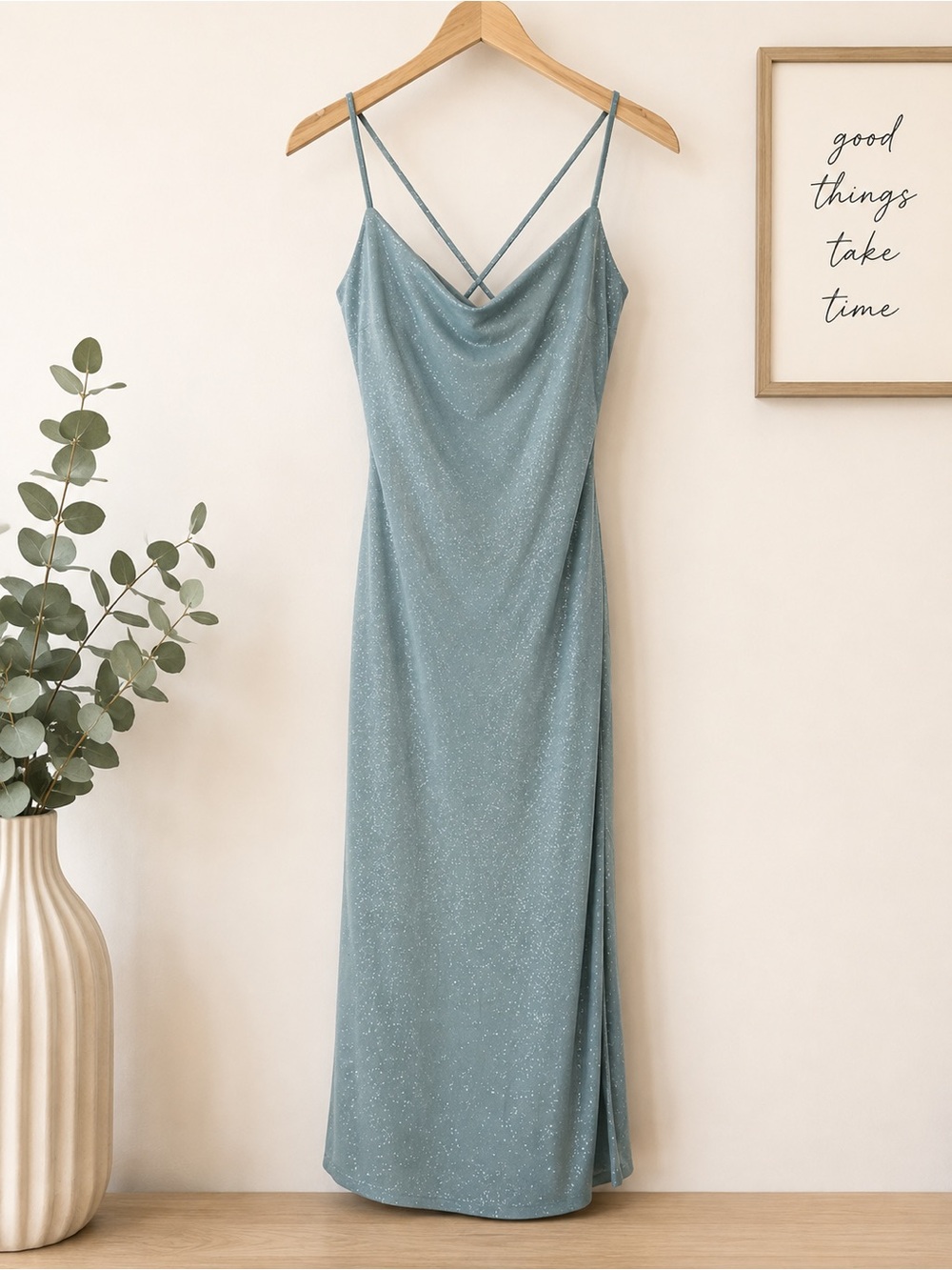 Sage Blue Glitter Cross Back Strappy Hem Split Maxi Dress